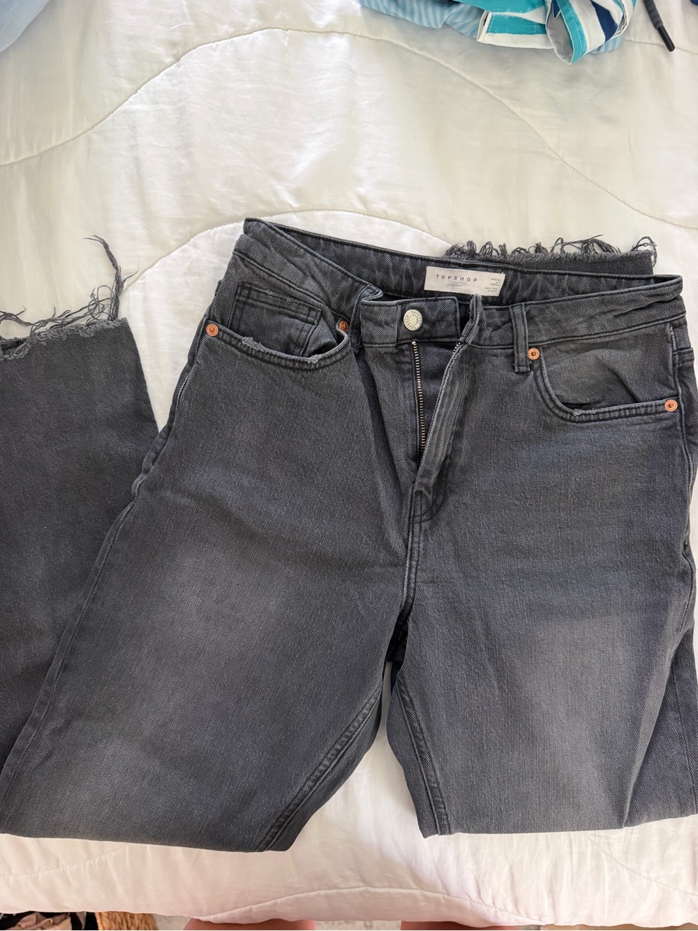 Topshop Washed Black Straight-Leg Jeans with Frayed Hem